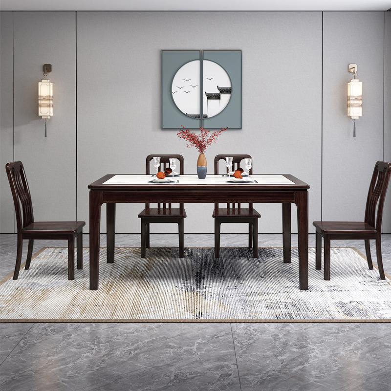 新中式家具胡桃木实木餐桌椅组合长方形岩板餐桌椅 新中式家具胡桃木实木餐桌椅组合长方形岩板餐桌椅