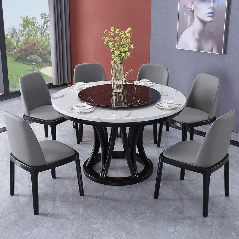 轻奢家具 大理石圆餐桌带转盘 现代简约实木家具