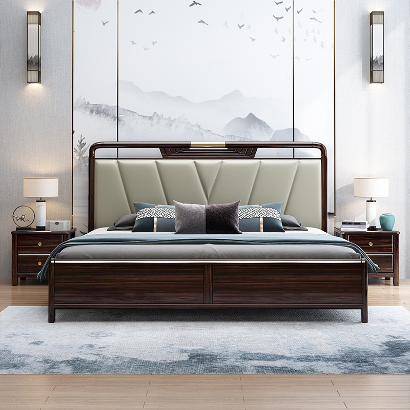新中式家具 胡桃木实木床双人1.5米1.8m婚床