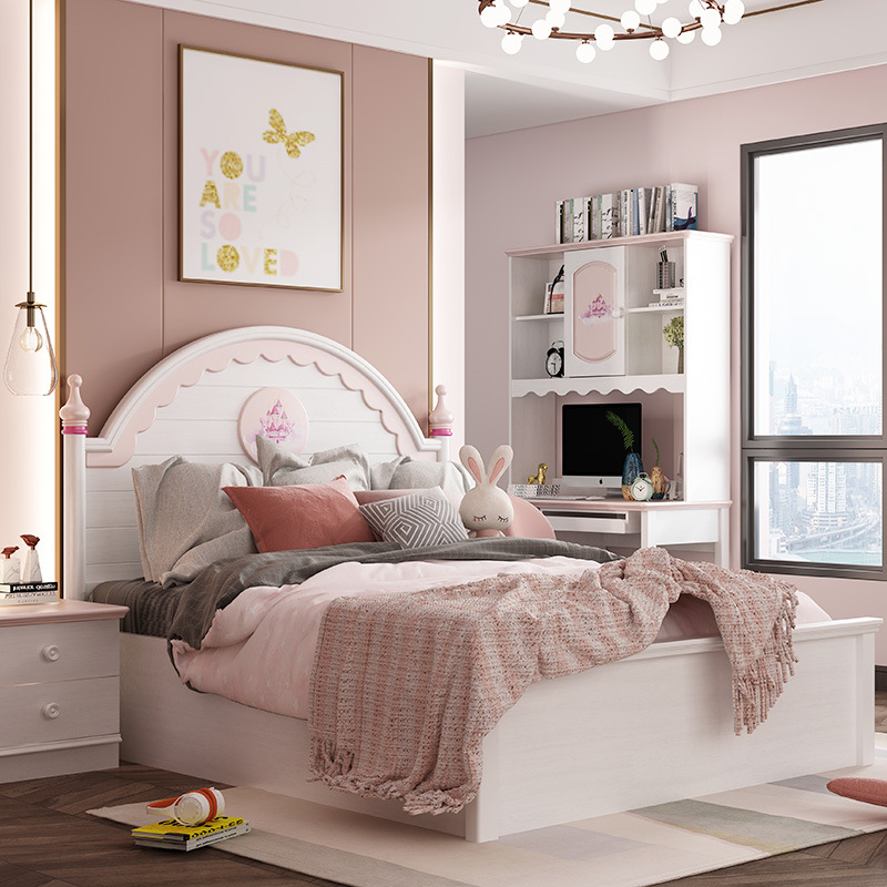 儿童家具 现代简约粉色女孩女生公主床框架单人床