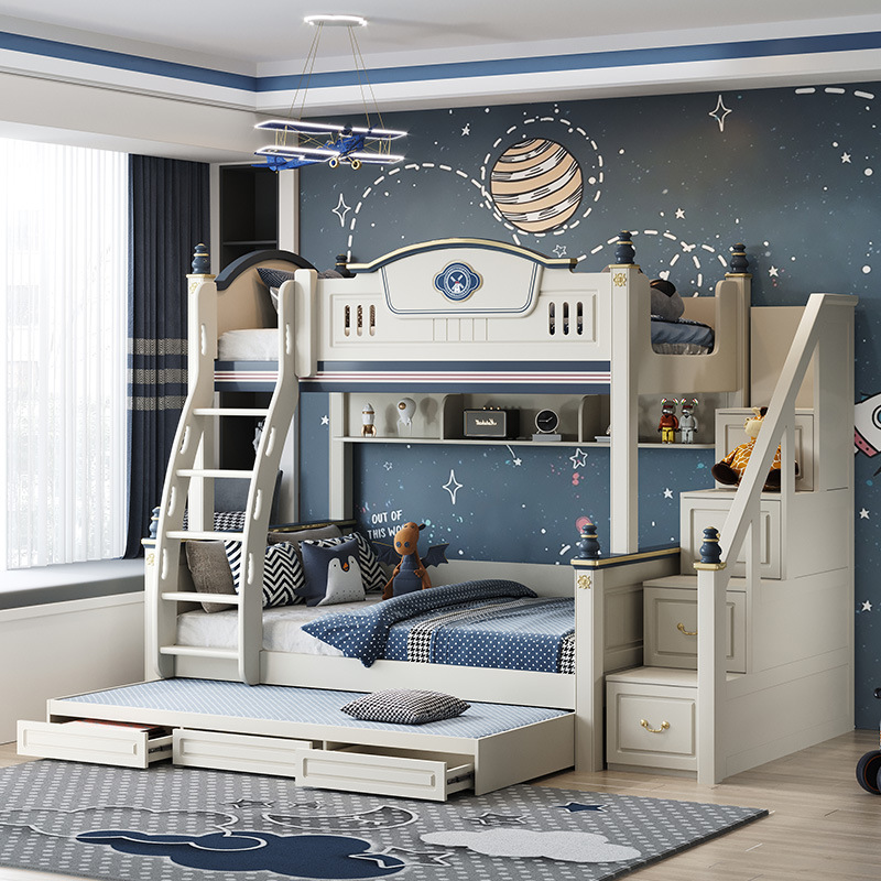 儿童家具 北欧轻奢多功能儿童床上床带梯柜实木床子母床