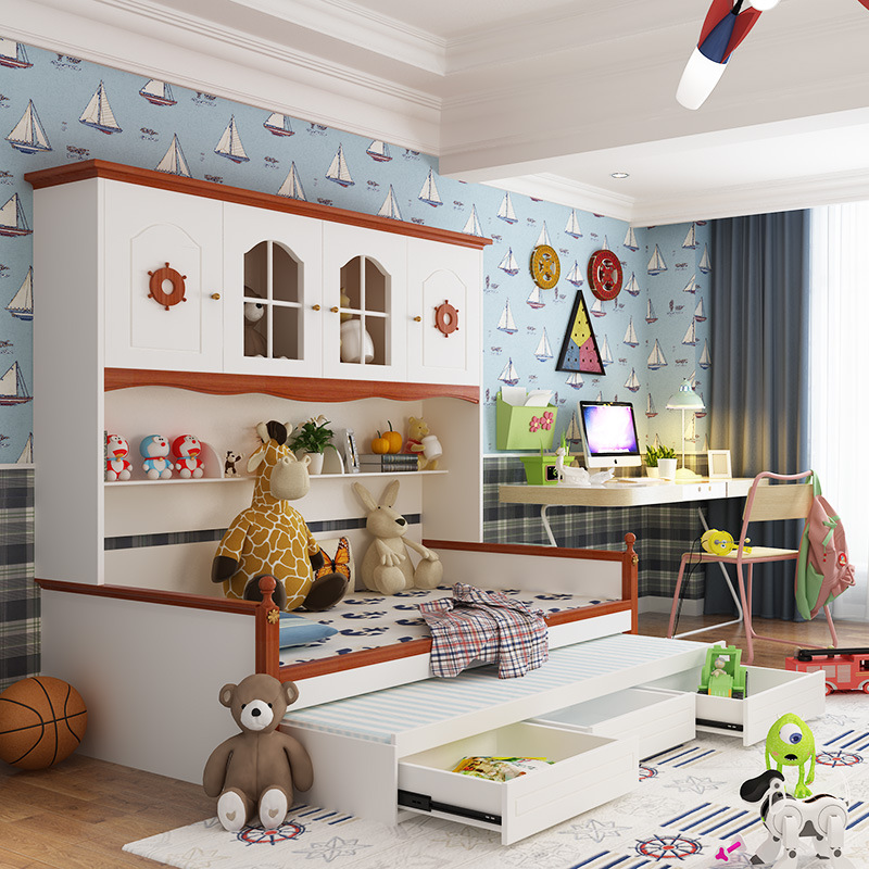 儿童家具 卧室衣柜床1.2米1.5米衣柜床一体组合多功能床