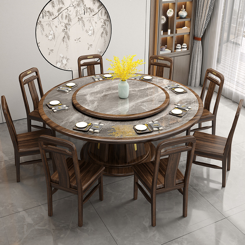 新中式家具 乌金木实木餐桌椅 岩板带转盘圆桌 新中式家具 乌金木实木餐桌椅 岩板带转盘圆桌