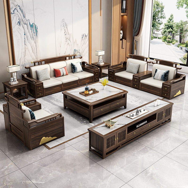 新中式家具 乌金木实木沙发组合 新中式家具 乌金木实木沙发组合