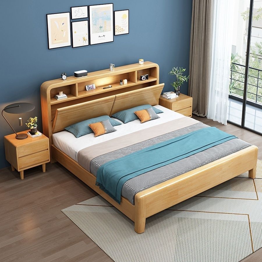 北欧家具 现代简约实木双人床带夜灯 北欧家具 现代简约实木双人床带夜灯