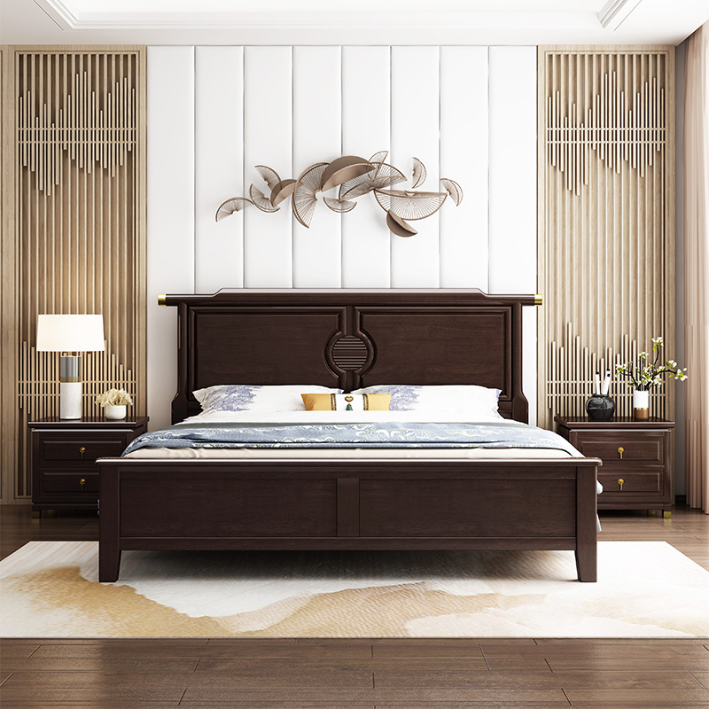 New Chinese furniture solid wood bed Rubber wood Zen high box storage wedding bed New Chinese furniture solid wood bed Rubber wood Zen high box storage wedding bed