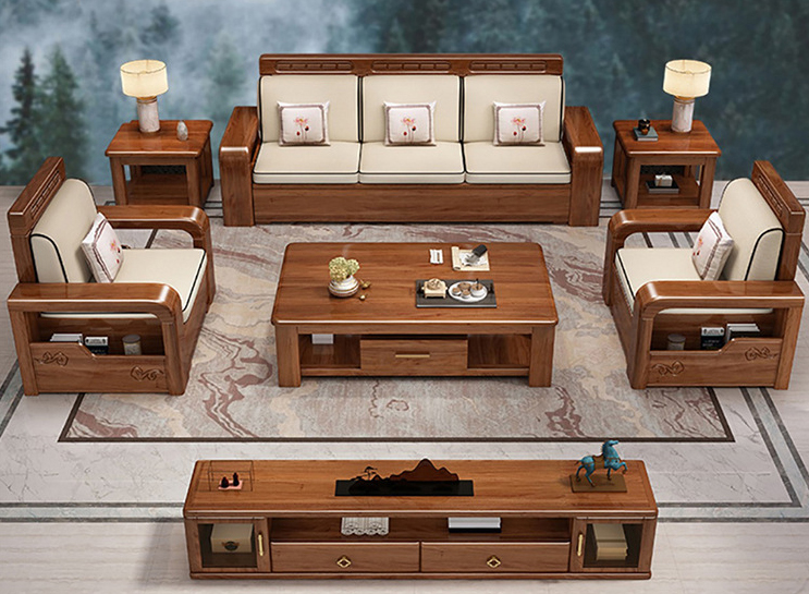 Chinese solid wood fabric sofa multi-functional storage walnut furniture sofa Chinese solid wood fabric sofa multi-functional storage walnut furniture sofa