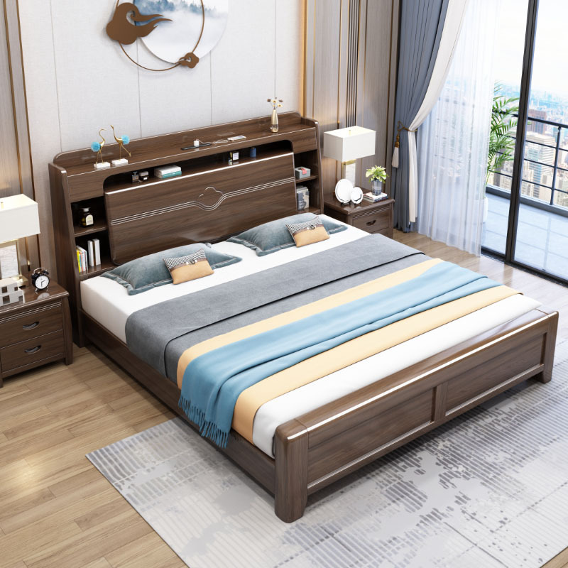 Chinese walnut solid wood bed new Chinese master bedroom furniture high box storage wedding bed