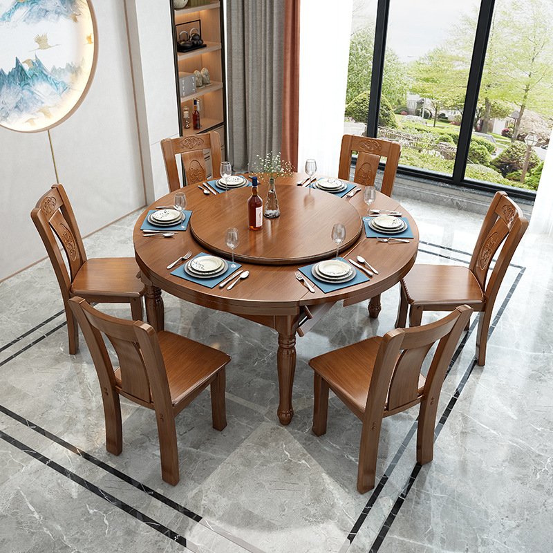 Chinese furniture all solid wood round table telescopic folding round dining table and chair combination