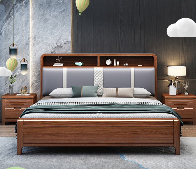 Chinese furniture solid wood bed Walnut wood bed Modern Chinese simple master bedroom Chinese solid wood bed