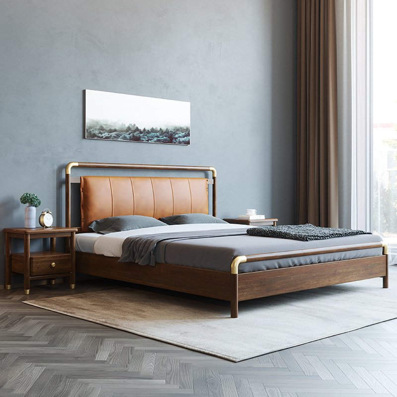 New Chinese solid wood bed modern simple walnut double bed New Chinese solid wood bed modern simple walnut double bed