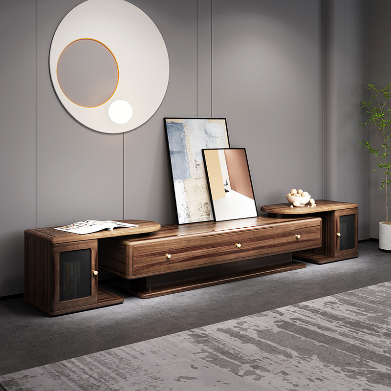 New Chinese black walnut film and television cabinet floor cabinet retractable storage TV cabinet