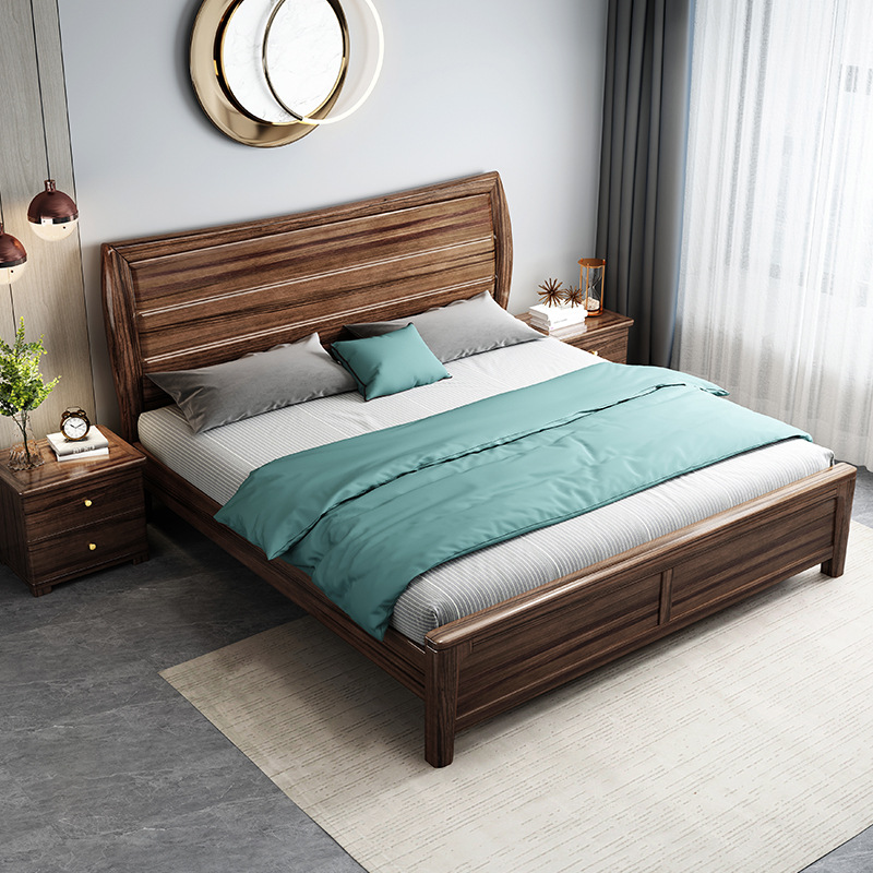 New Chinese furniture black walnut all solid wood bed modern simple wooden bed
