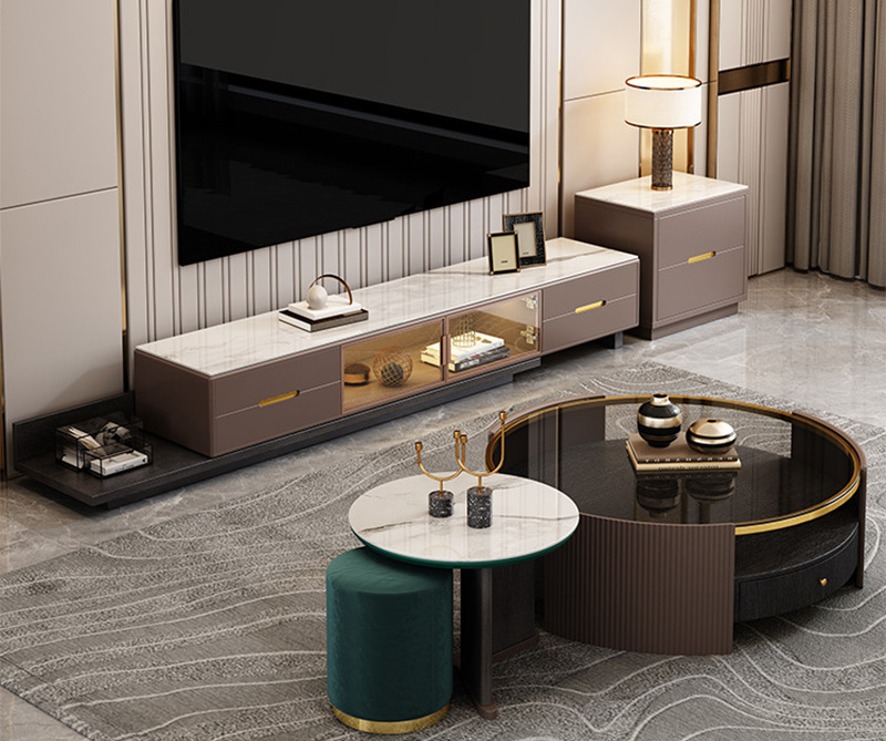 Modern simple light luxury rock board telescopic round coffee table TV cabinet combination living room small household TV cabinet Modern simple light luxury rock board telescopic round coffee table TV cabinet combination living room small household TV cabinet