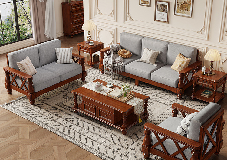 American solid wood sofa retro country fabric sofa simple three-seat sofa