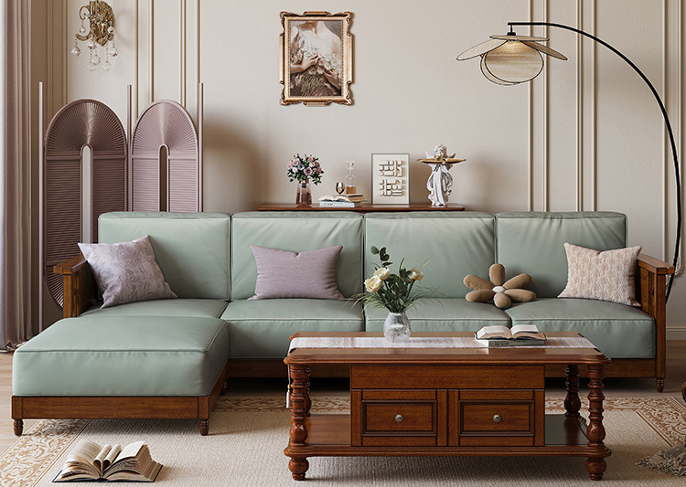 American retro corner sofa country simple solid wood leather sofa living room straight rows of concubine sofa