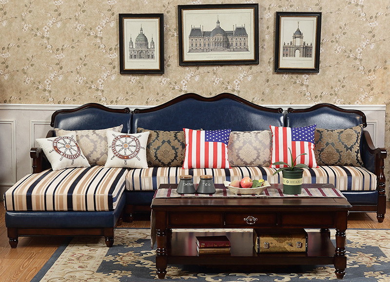 American solid wood sofa L-shaped imitation ancient Roman column leather fabric corner sofa