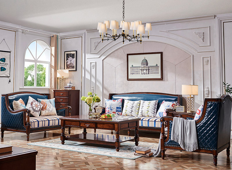 American country sofa simple luxury Roman pillar leather whole solid wood sofa