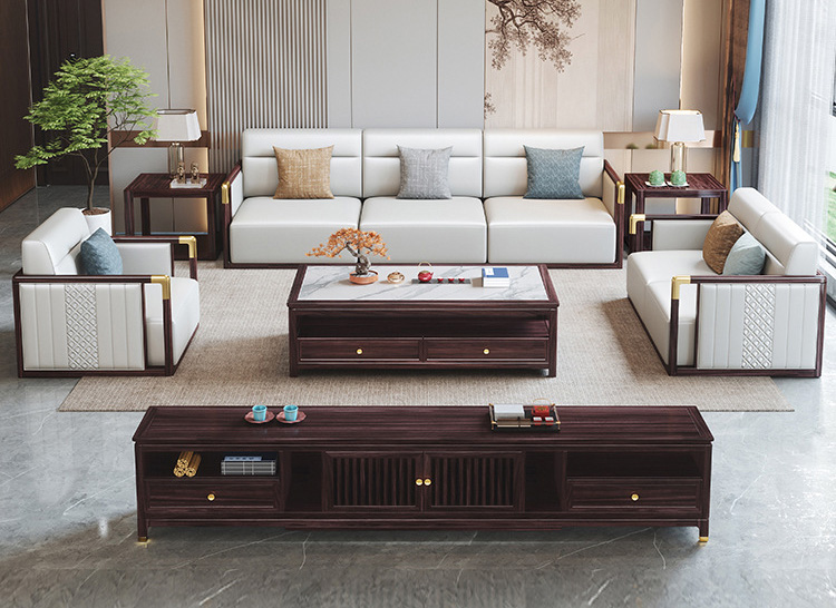 New Chinese walnut all solid wood sofa modern simple light luxury leather art style furniture New Chinese walnut all solid wood sofa modern simple light luxury leather art style furniture