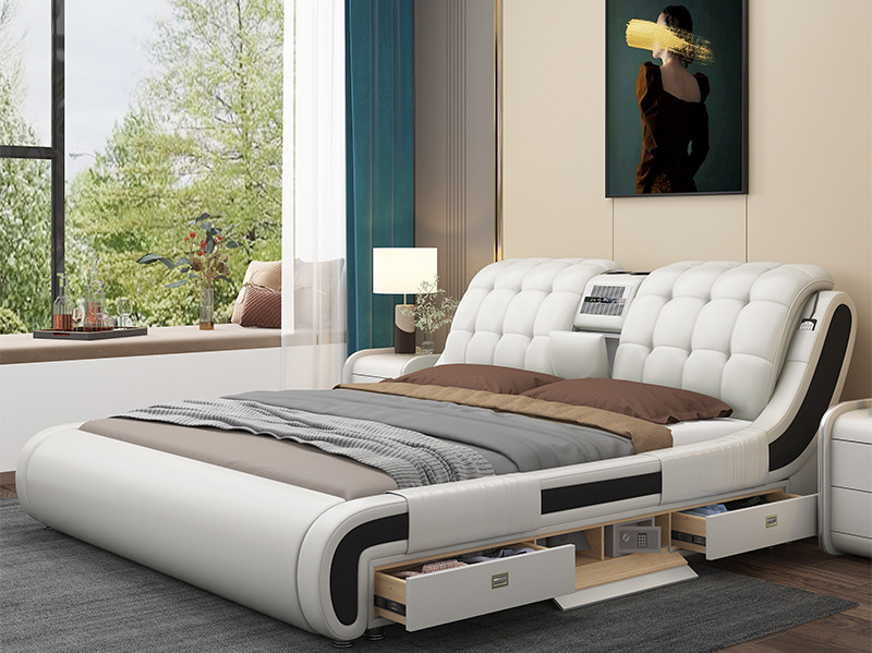 Italian light luxury leather bed modern simple double bed high box storage owner bedroom big bed Italian light luxury leather bed modern simple double bed high box storage owner bedroom big bed