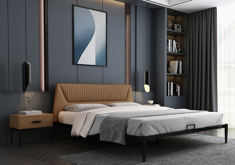 Modern simple steel wood bed minimal light luxury leather bed double bed Modern simple steel wood bed minimal light luxury leather bed double bed