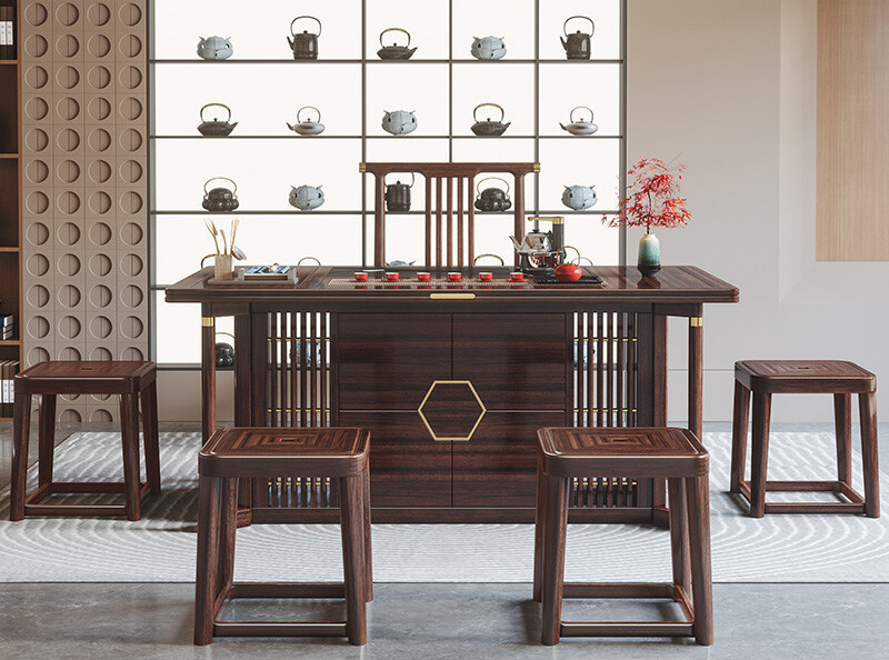 New Chinese Ujin wood tea table and chair combination Zen modern simple household solid wood tea table kettle one set New Chinese Ujin wood tea table and chair combination Zen modern simple household solid wood tea table kettle one set